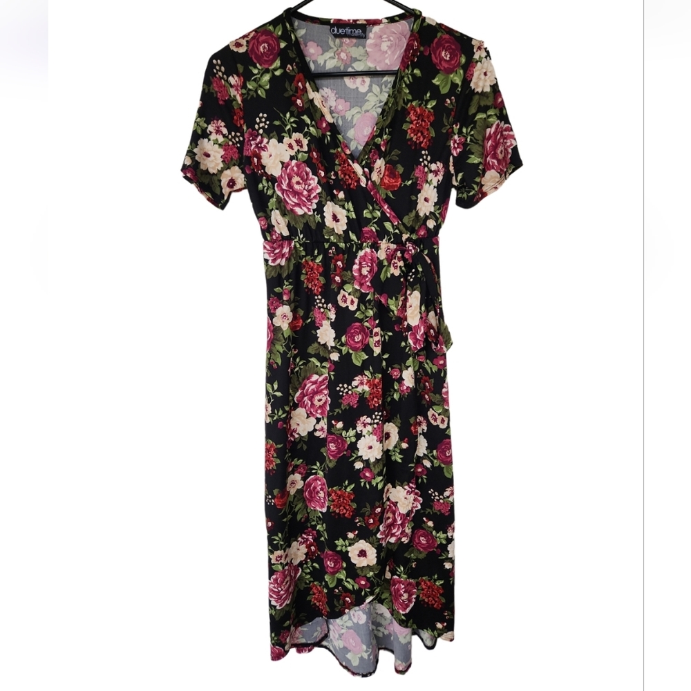 Duetime Maternity Floral Midi Dress, Size Medium Rose